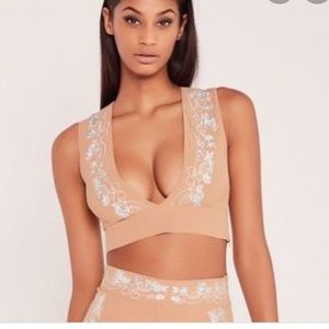 Missguided Nude Embroidered V-Neck Crop Top